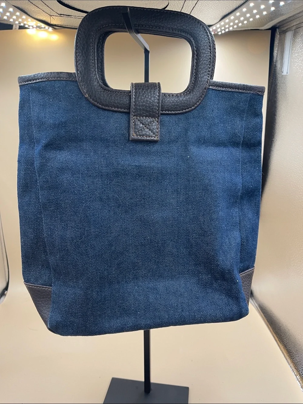 Blue Canvas Tote with Black Leather Trim